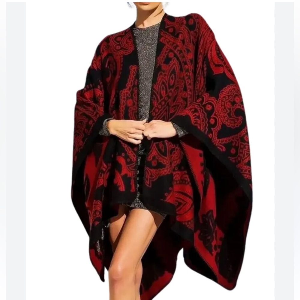 Chico's Red & Black Ruana Knit Paisley Sweater Shawl Poncho